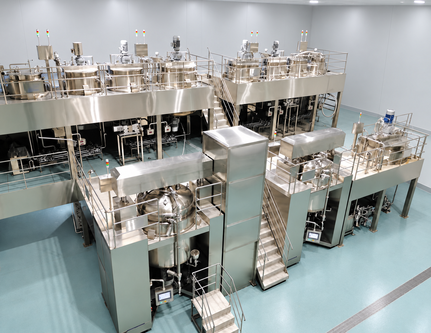 Multiple processing vessels connected by stairs and operating platforms