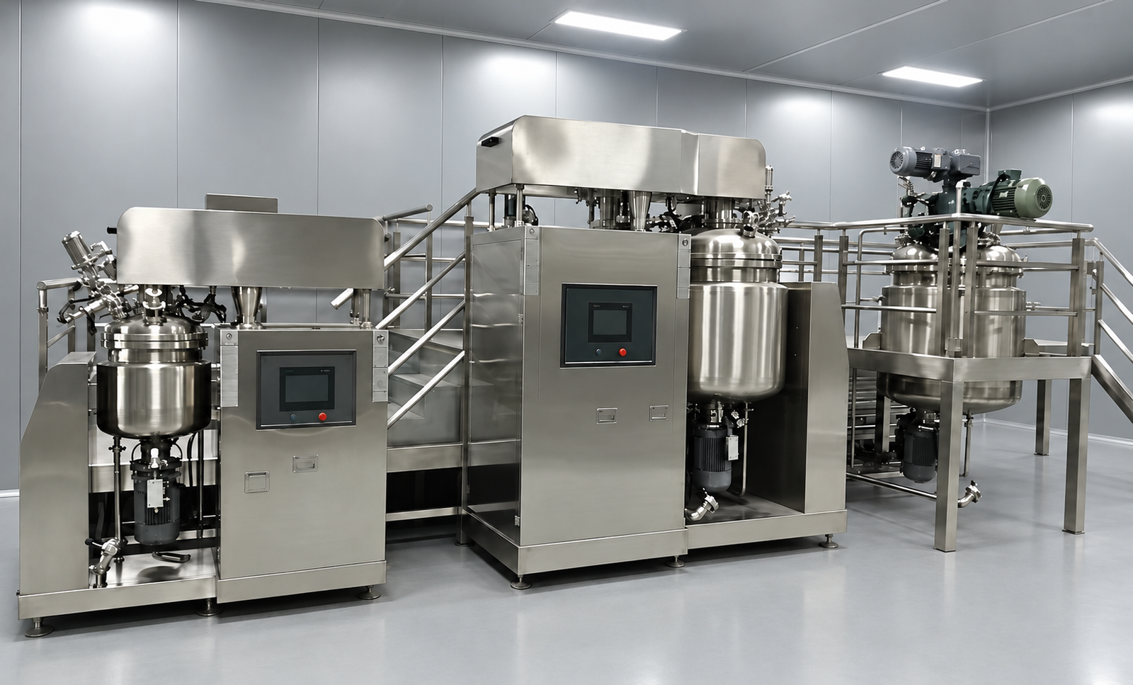 Three mixing vessels with a shared platform and machine controls