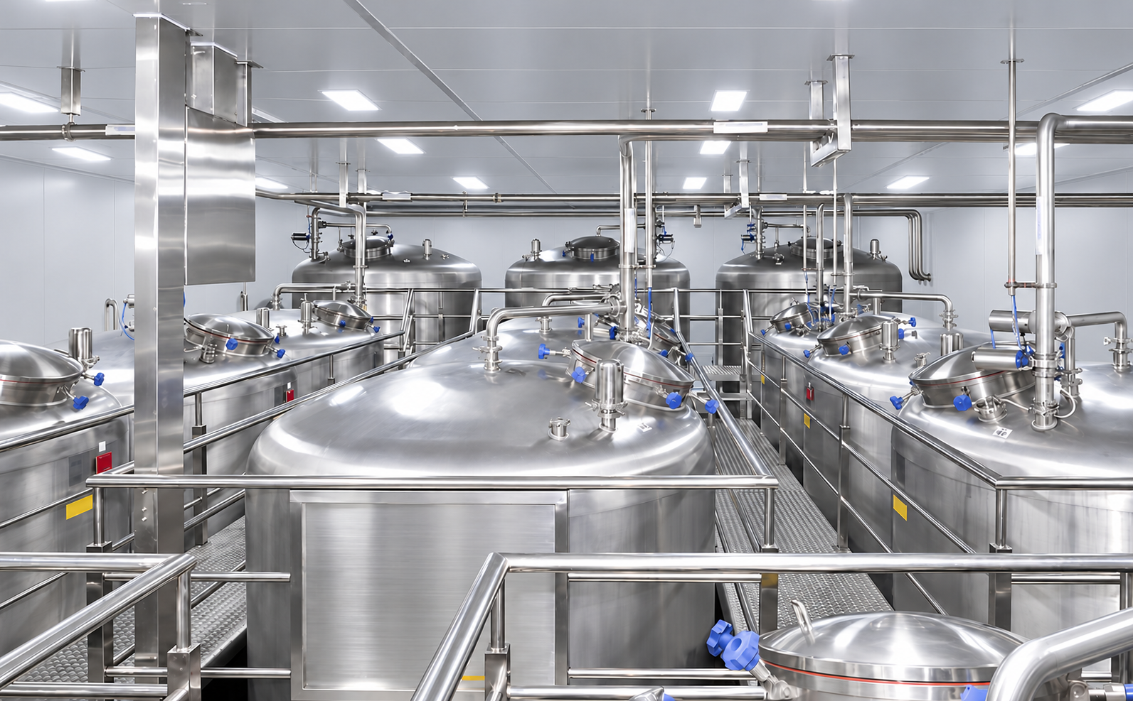 Stainless-steel tanks with overhead process piping and working access