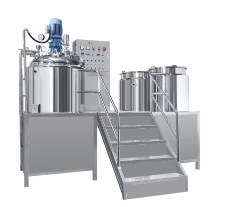 Fixed-type vacuum emulsifying mixer with auxiliary vessels and an operating platform.
