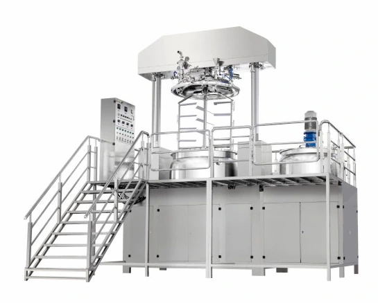Hydraulic lifting vacuum emulsifying mixer with its cover and mixing assembly raised.